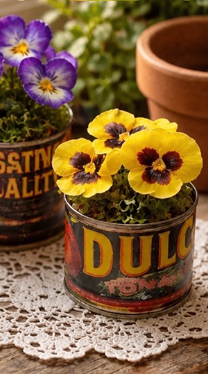 A Rustic Can Planter with Pansy Flowers by Betinha Murta